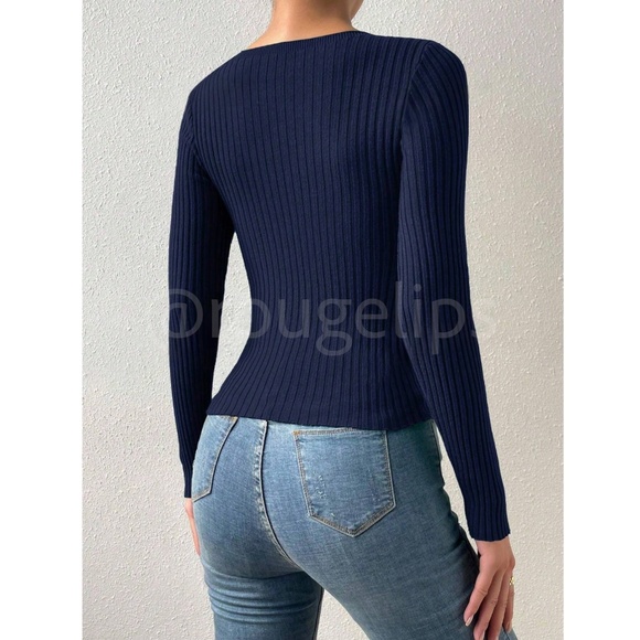 Navy Blue Rib Knit Cut Out Keyhole Twisted Detail Long Sleeve Light Sweater Top - Picture 4 of 7